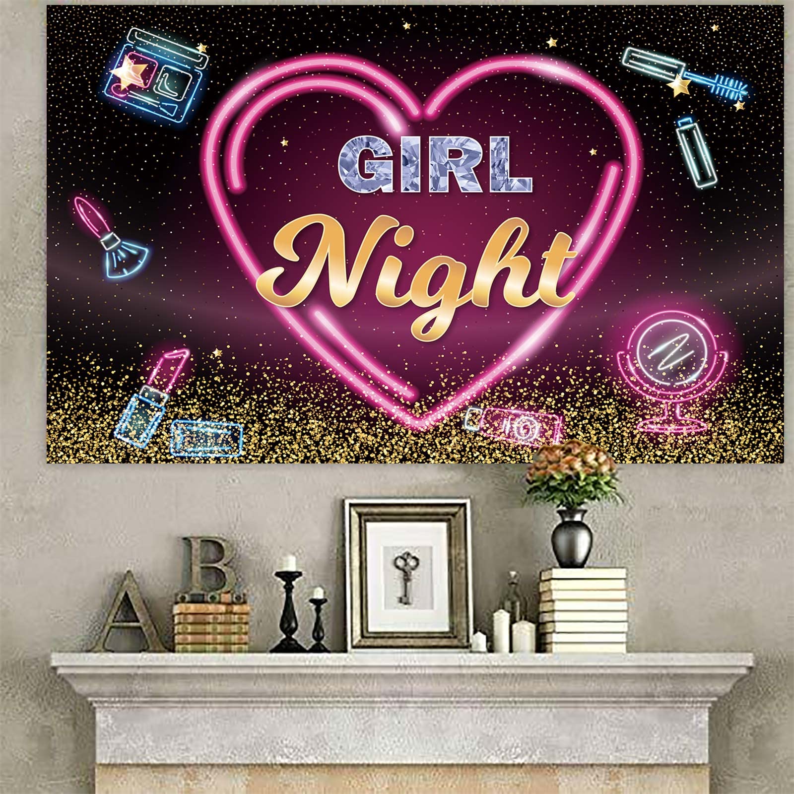 Girl Night Banner Backdrop Background Rose Gold Pink Champagne Lip Theme Decor for Lady Girls Women Princess Birthday Party Bridal Shower Wedding Bachelorette Make Up Night Out Hen Party Decorations