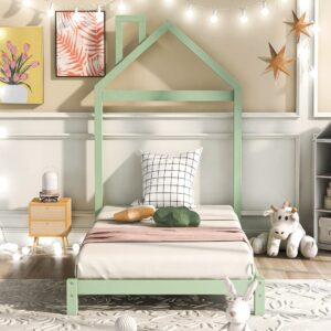 harper & bright designs twin size kids bed with house-shaped headboard, toddler floor bed with solid wood slats,twin platform bed frame for girls boys,no box spring needed,green