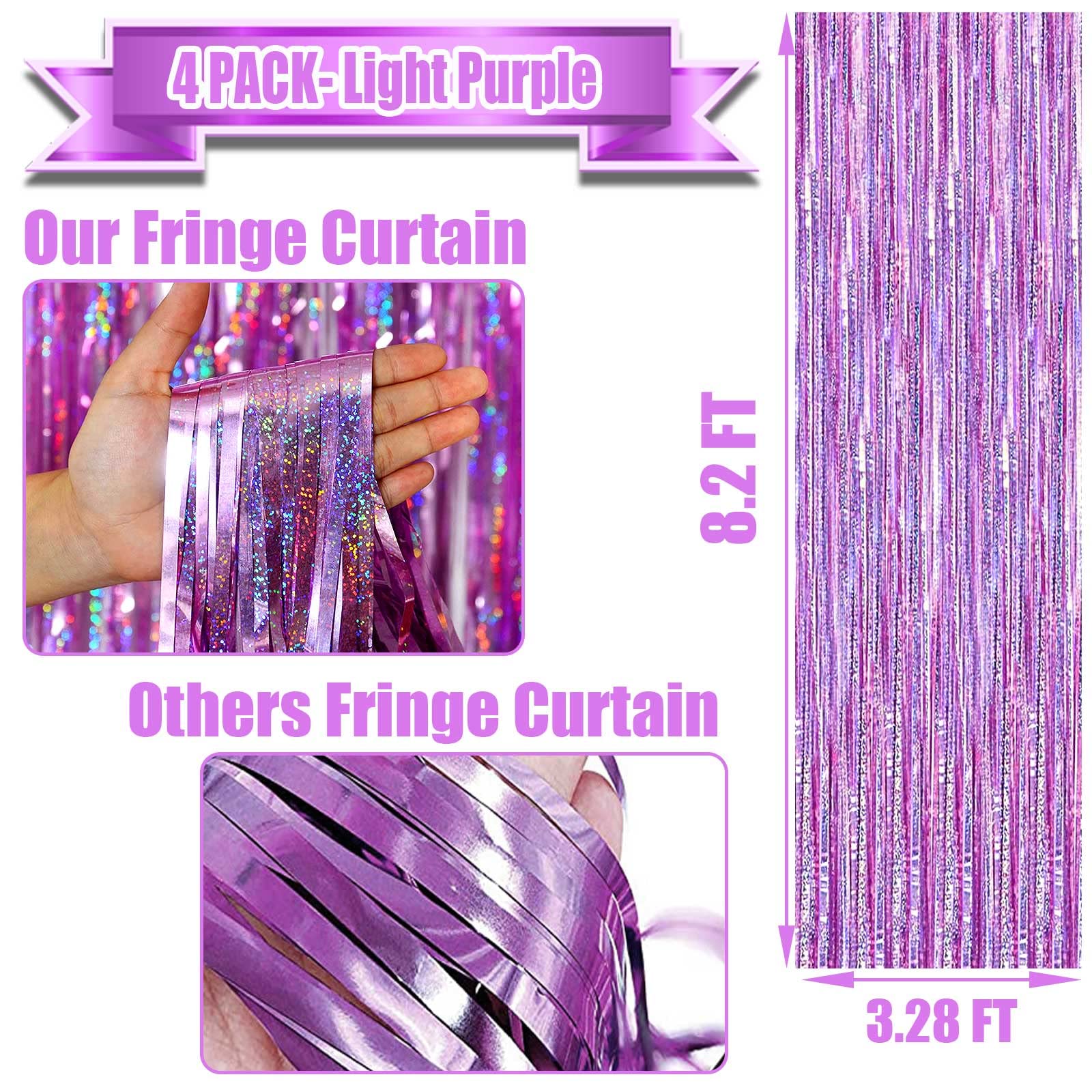 4 Pack Light Purple Tinsel Foil Fringe Curtain Backdrop, 3.28Ft x 8.2Ft Metallic Streamers for Photo Booth Wedding Bridal Shower Bachelorette Birthday Halloween Christmas Party Decoration