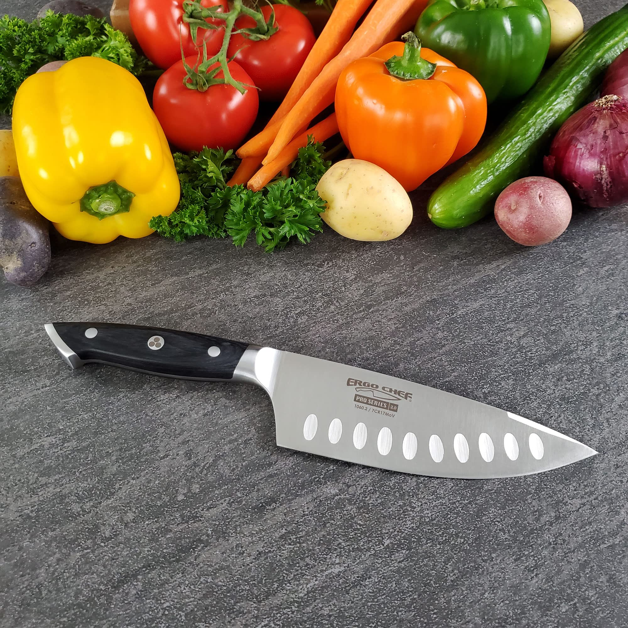 Ergo Chef 6-In Chef’s Knife Pro Series 2.0 Forged High Carbon 7Cr17Mov Stainless Steel – Ergonomic Black Pakkawood Handle