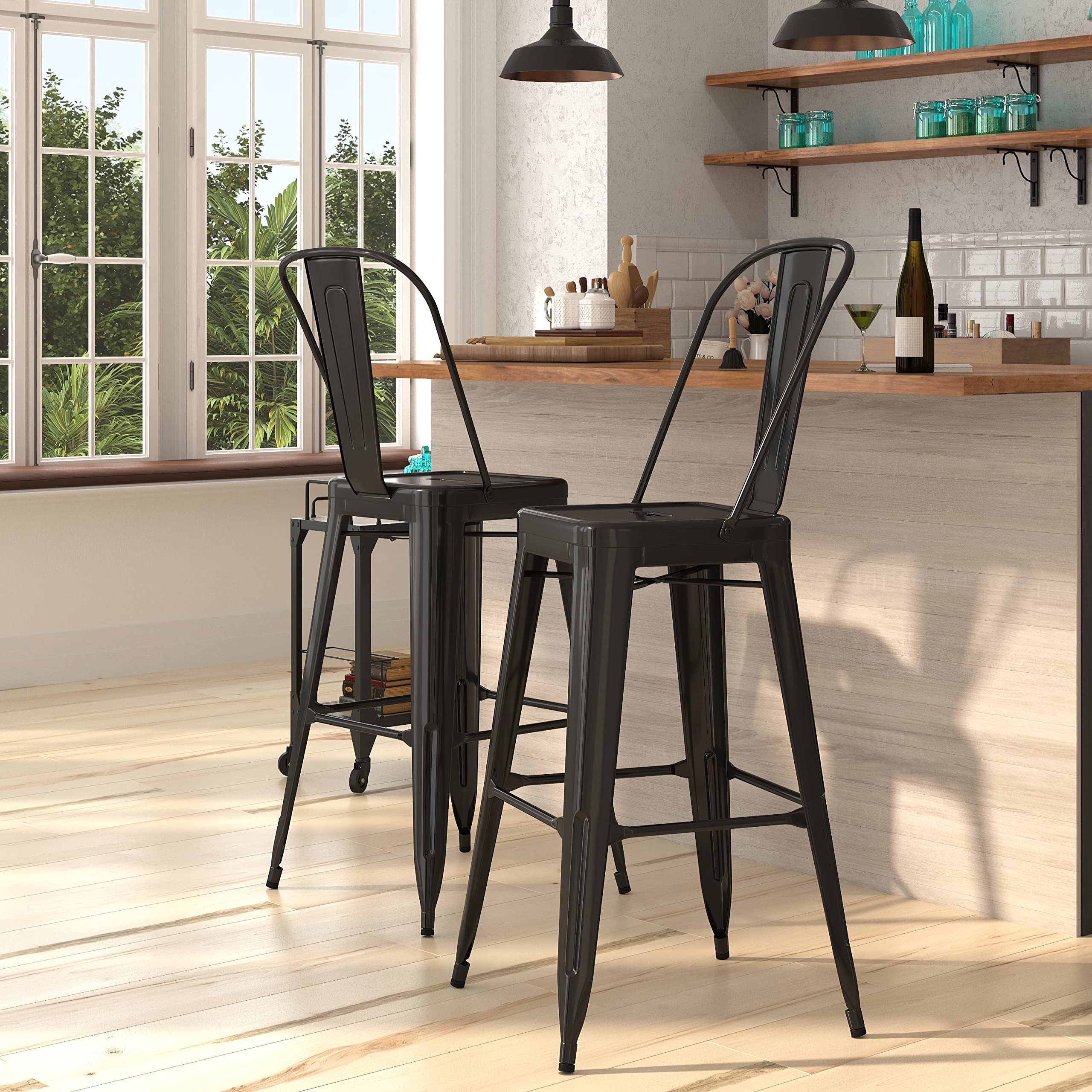 Merrick Lane Dothan Series Bar Height Stool - Black Finish - Metal Frame with Cross Bracing - Convenient Removable Back - Integrated Footrest