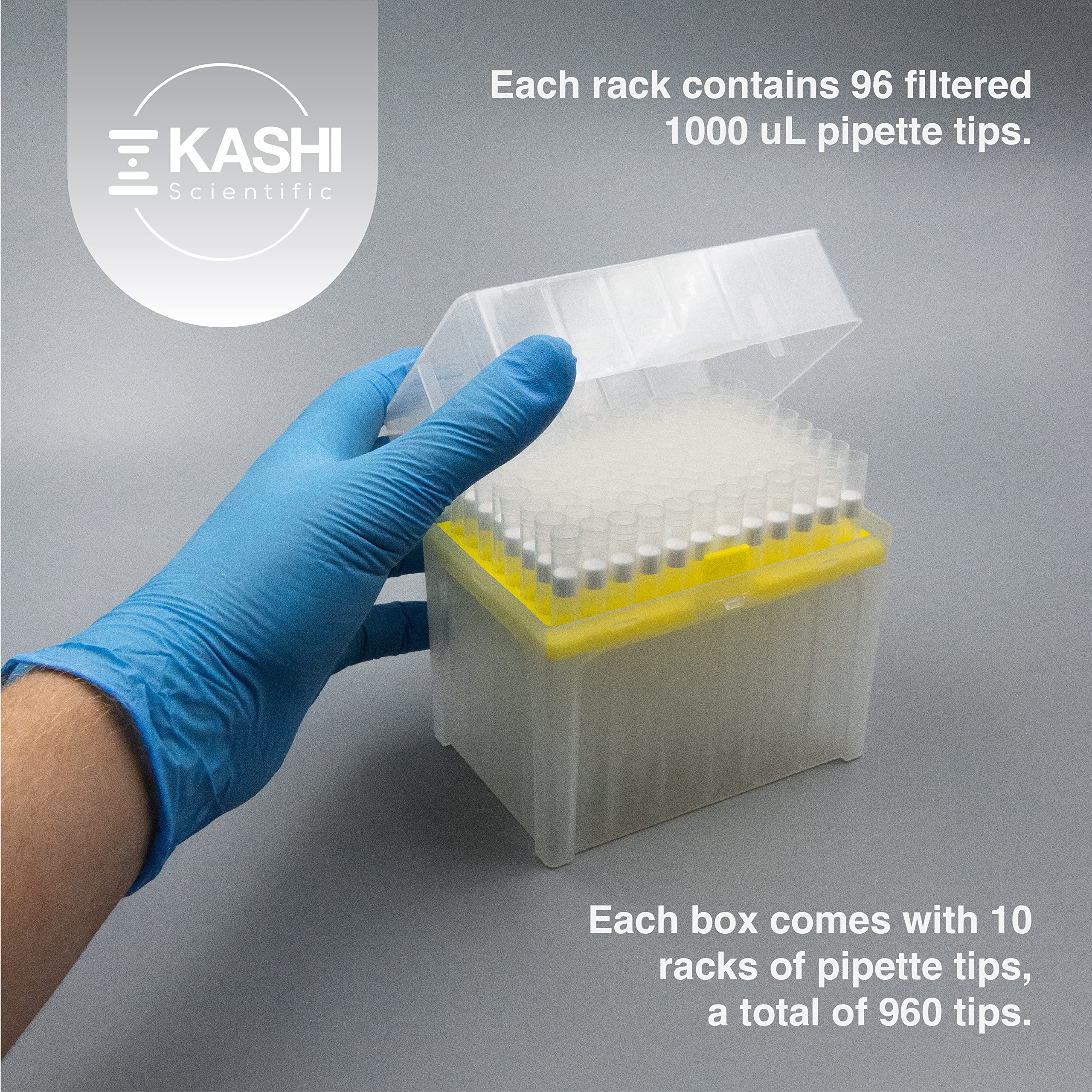 Kashi Scientific 1000 uL Universal Filtering Racked Laboratory Pipette Tips, Sterile Dnase/Rnase Free, Pyrogen Safe [1000ul, Filtered, 960 Tips]