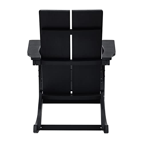 Flash Furniture Finn Modern Commercial Grade Poly Resin Wood Adirondack Rocking Chair - All Weather Black Polystyrene - Dual Slat Back - Stainless Steel Hardware