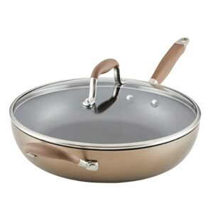 anolon advanced hard anodized nonstick deep frying pan/skillet with lid, 12 inch, aluminum, bronze