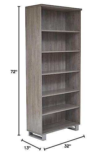 Unique Furniture Modern Zelma 5-Shelf Bookcase with Adjustable Shelves, Metal Frame Base, Freestanding for Office, Living Room, Bedroom, Library, Study Room, 13 x 32 x 72 in., Grey