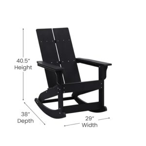 Flash Furniture Finn Modern Commercial Grade Poly Resin Wood Adirondack Rocking Chair - All Weather Black Polystyrene - Dual Slat Back - Stainless Steel Hardware