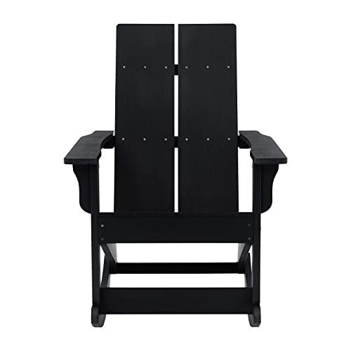 Flash Furniture Finn Modern Commercial Grade Poly Resin Wood Adirondack Rocking Chair - All Weather Black Polystyrene - Dual Slat Back - Stainless Steel Hardware