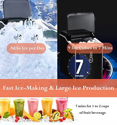 PRESTIGE CARTRIDGE26Lbs Portable Ice Maker, Compact Ice Maker Countertop Machine, 9 Ice Cubes Ready in 7 Mins, 26lbs Per Day, Bullet Shape Ice, 1.5L Electric Ice Maker, for Party Home Camping(Black)