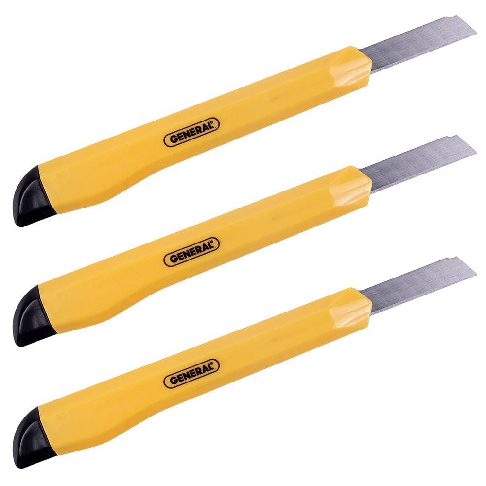 General Tools 3-Pack Retractable Utility Knife WS-1201, Snap-Off Blade, Lightweight Box Cutter, 9mm, Yellow , Grey