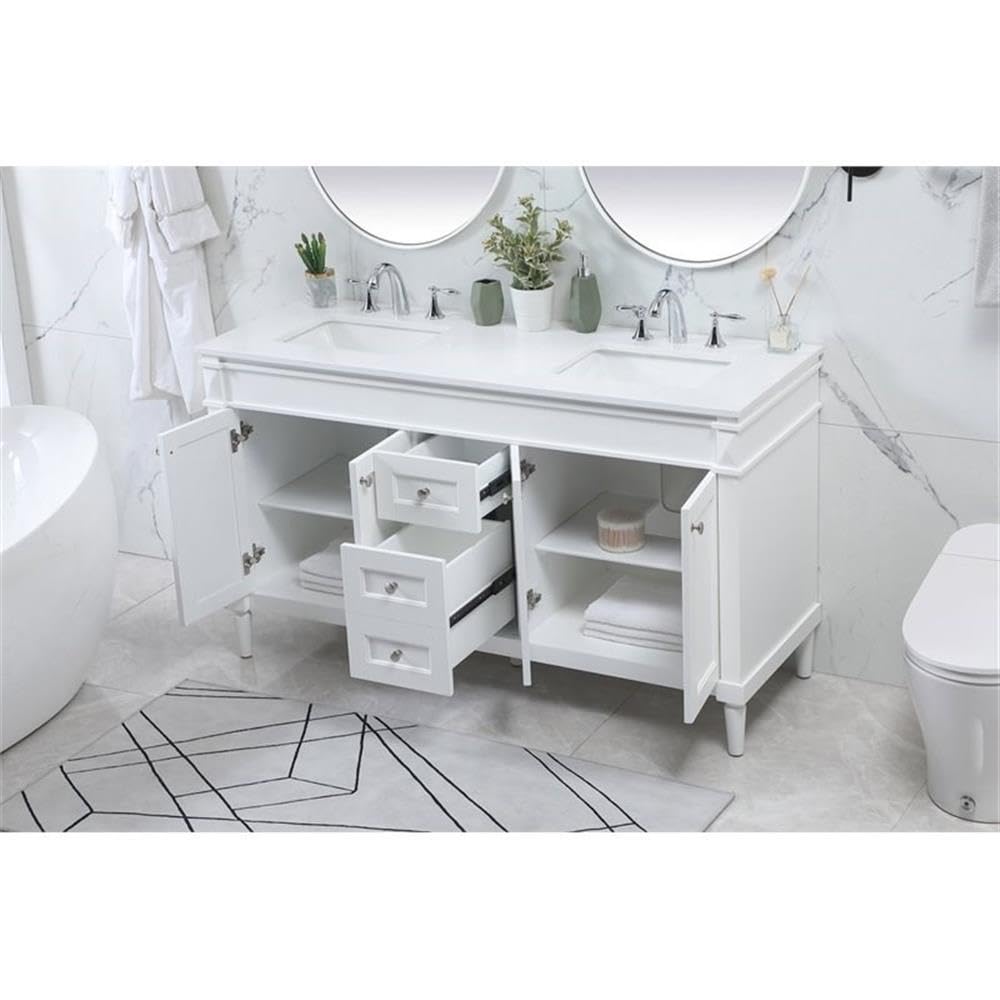 Elegant Decor Indoor Modern Under Sink Bathroom Fixtures Storage Organizer Cabinet 60 inch Double Bathroom Vanity - White