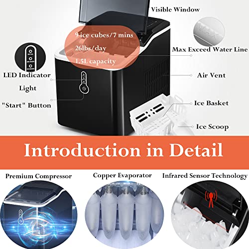 PRESTIGE CARTRIDGE26Lbs Portable Ice Maker, Compact Ice Maker Countertop Machine, 9 Ice Cubes Ready in 7 Mins, 26lbs Per Day, Bullet Shape Ice, 1.5L Electric Ice Maker, for Party Home Camping(Black)