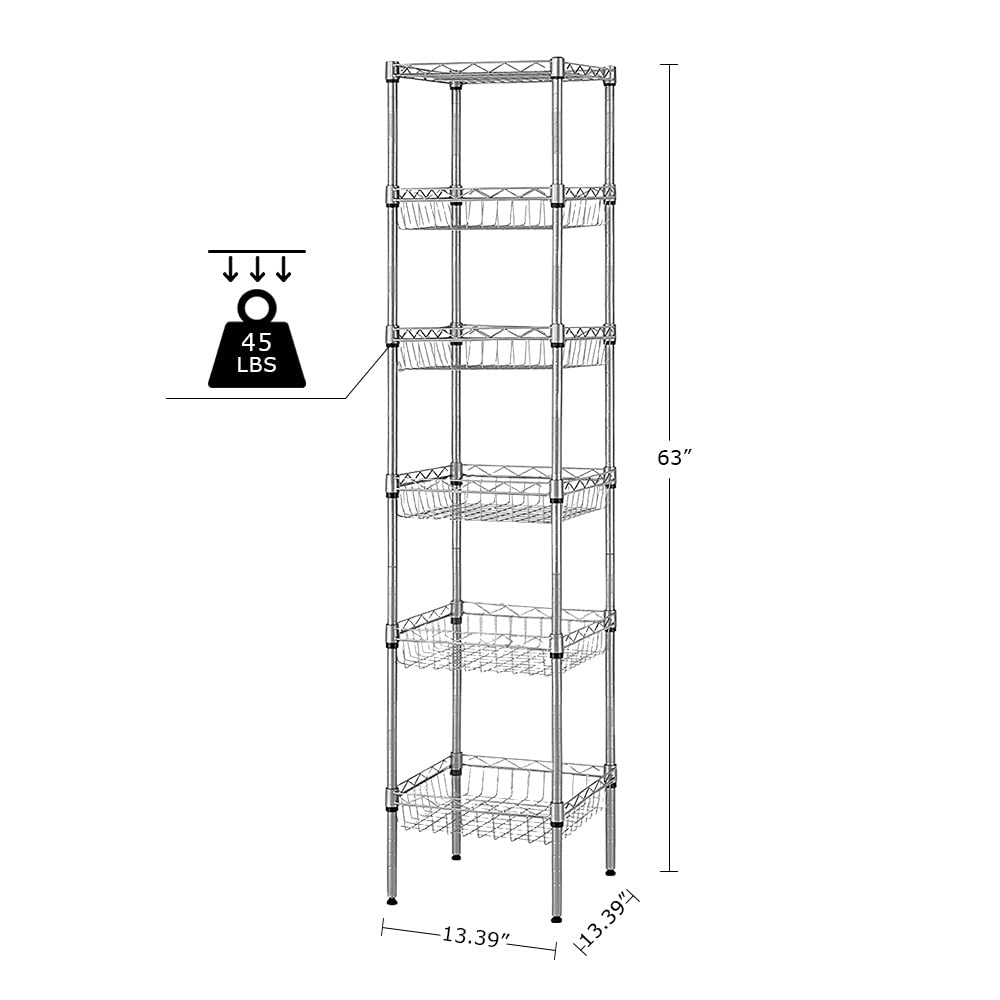 Doredo 6 Tier Wire Shelving Unit with Baskets Shelving, Height Adjustable Wire Shelves, Metal Storage Rack for Kitchen, Bathroom, Laundry (13.5" D x 13.5" W x 63" H, Silver)