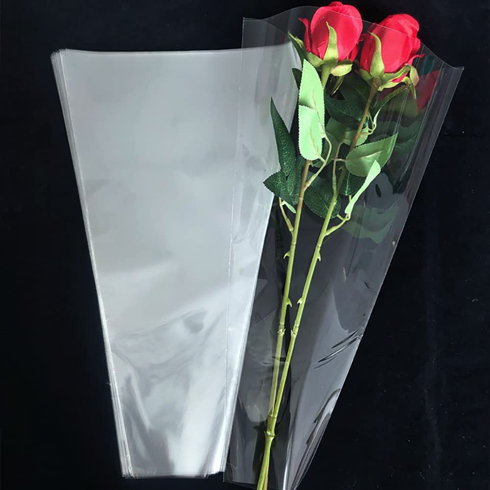 100 Pcs Clear Plastic Flower Cellophane Bags Transparent Bouquet Sleeves Rose Packaging Bags Floral Wrapping Bags for Valentines Day