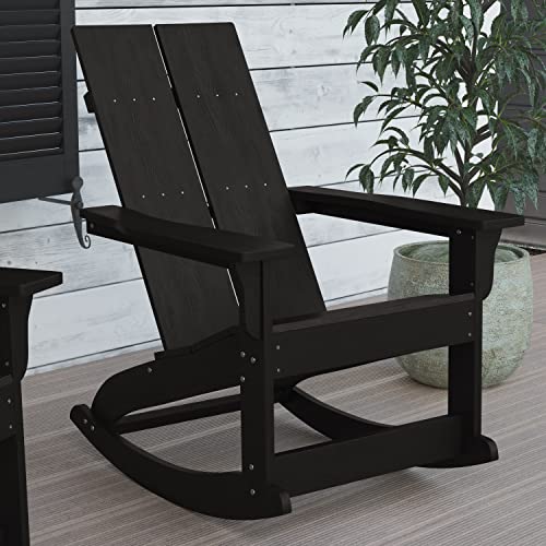 Flash Furniture Finn Modern Commercial Grade Poly Resin Wood Adirondack Rocking Chair - All Weather Black Polystyrene - Dual Slat Back - Stainless Steel Hardware