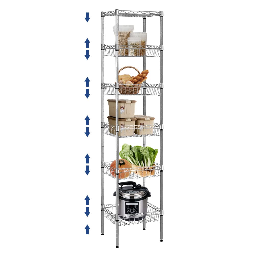 Doredo 6 Tier Wire Shelving Unit with Baskets Shelving, Height Adjustable Wire Shelves, Metal Storage Rack for Kitchen, Bathroom, Laundry (13.5" D x 13.5" W x 63" H, Silver)