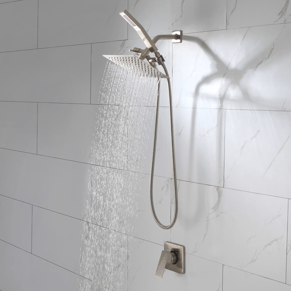 POP SANITARYWARE All Metal Shower Faucet Set Brushed Nickel, Bathroom Rainfall 8 Inch Shower Head System with Handheld Wand, Single Handle Shower Trim Kit with Valve