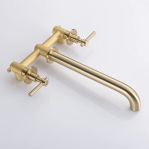 DEOKXZ Bathtub Faucet Wall Mounted Brass Gold, Double Handle Brushed Gold Bathroom Faucet, Extra Long Spout High Flow with Thick Valve