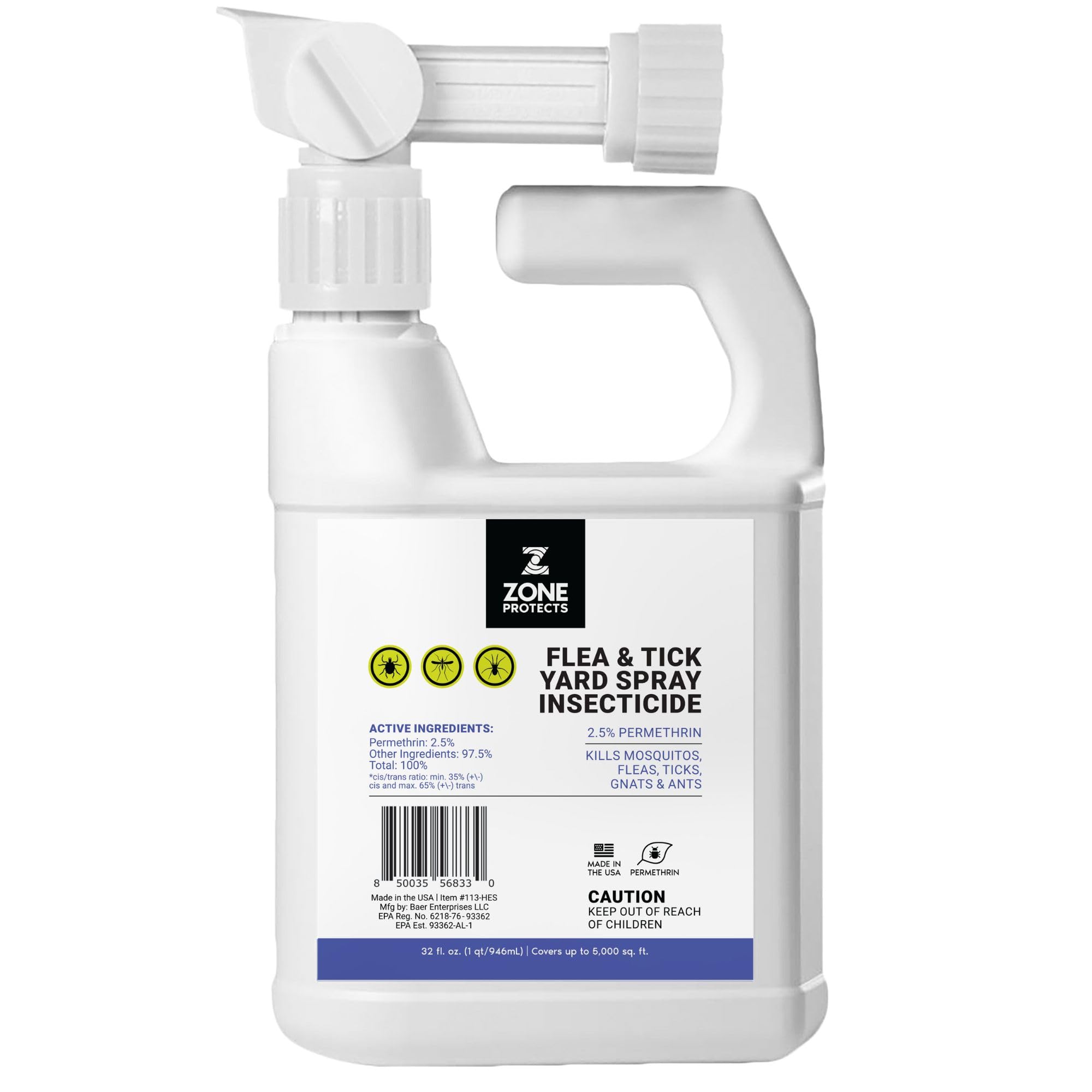 Zone Protects Flea and Tick Yard Permethrin Insecticide. Kills Ticks, Fleas, Spiders, Ants. Hose End (32 oz) Permethrin Yard Spray. Covers 10,000 sq.ft. Permethrin is Odorless