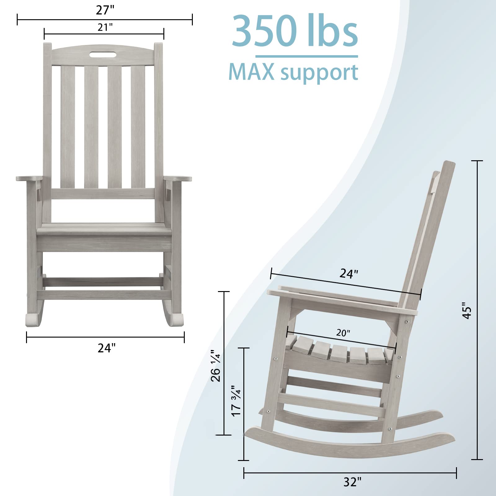 Psilvam Oversized Outdoor Rocking Chair, with 21" Wide Seat and 32" Tall Backrest, Pre-Assembled with Most Components for Effortless Installation (Gray)