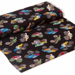 Black cotton fabric from the USA by Elizabeth's Studio, various colourful monster trucks (per 0.5 yard)