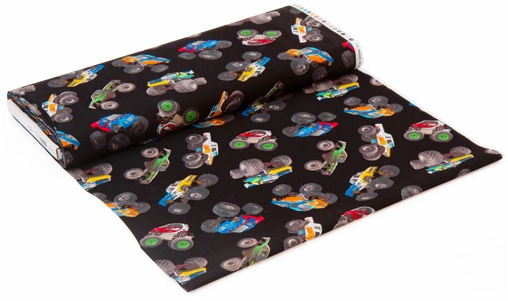 Black cotton fabric from the USA by Elizabeth's Studio, various colourful monster trucks (per 0.5 yard)