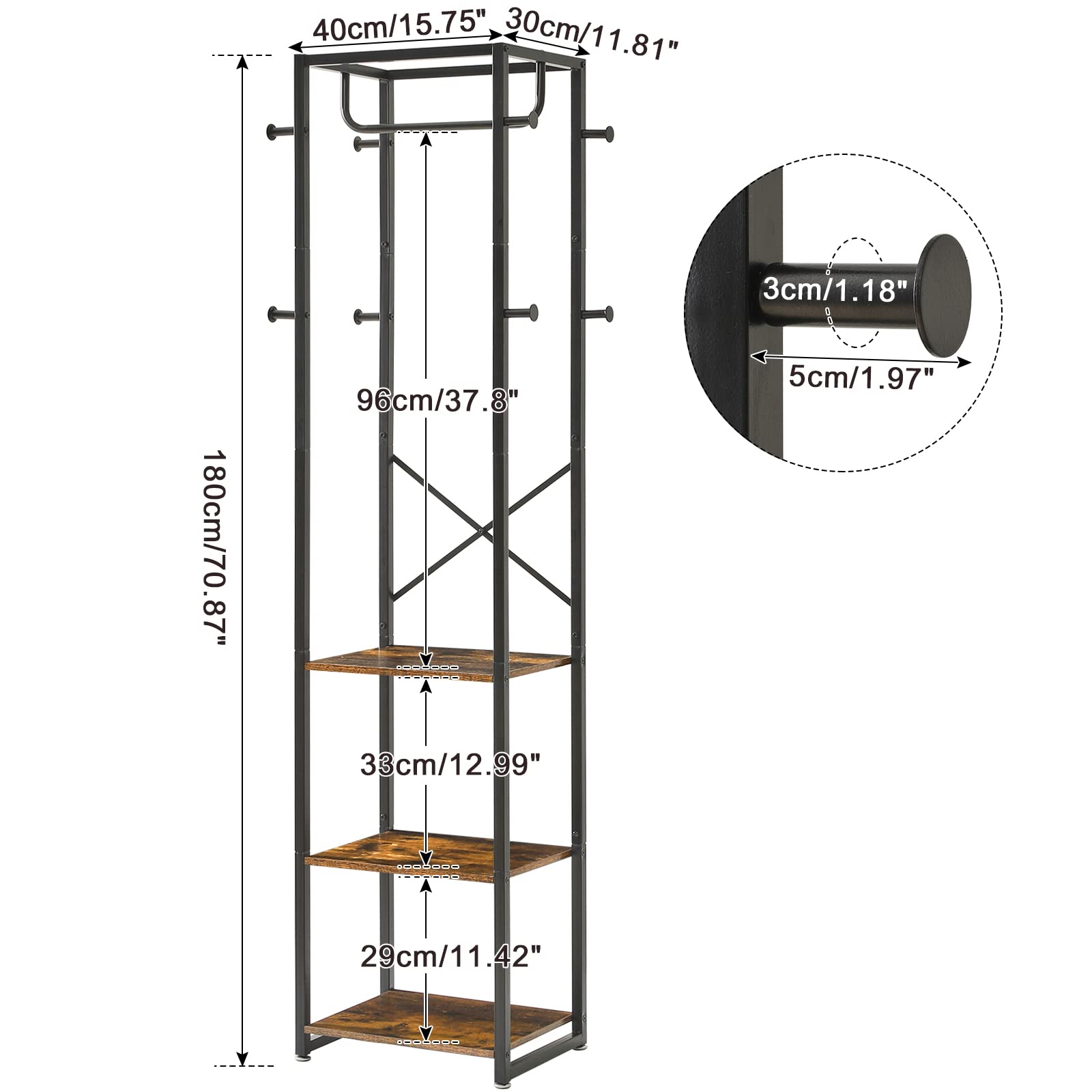 IBUYKE Coat Rack with Shelves, Freestanding Hall Tree with 3 Shelves and 8 Hooks, Industrial Clothes Stand for Entryway, Hallway, Bedroom, Rustic Brown UTMJ088H