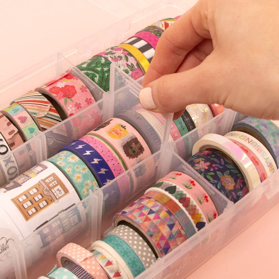 Craftelier - Washi Tapes Organiser Box | Transparent with Adjustable Compartments | Box Size: 28 x 17 x 5,6 cm - Minimum Compartment Size: 5,5 x 5,5 cm