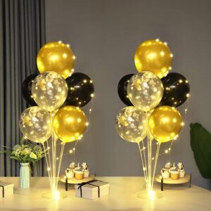 Ainiv 2 Set Table Balloon Stand Kit with Lights, Light Up Balloon Holder Include 16 Black Gold Latex Confetti Balloons, Christmas Party Decorations for Birthday, Weddings, Anniversary and Graduation