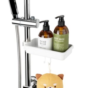 dehub shower caddy 7" with hooks for bathroom, shower, sink, countertop, shampoo, soap, sponge, easy installation, dual locking clamp, no drilling, no glue, height adjustable, white