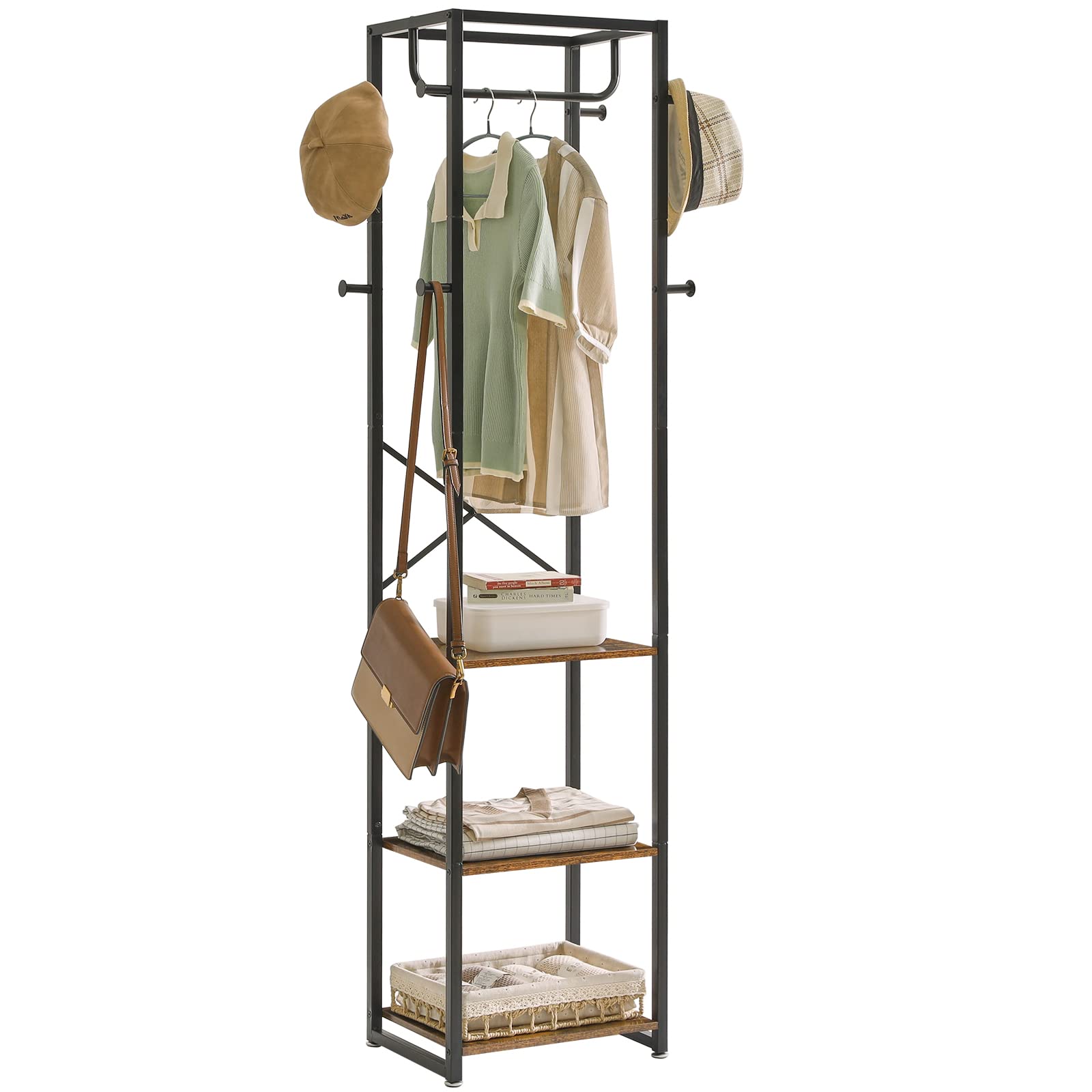 IBUYKE Coat Rack with Shelves, Freestanding Hall Tree with 3 Shelves and 8 Hooks, Industrial Clothes Stand for Entryway, Hallway, Bedroom, Rustic Brown UTMJ088H