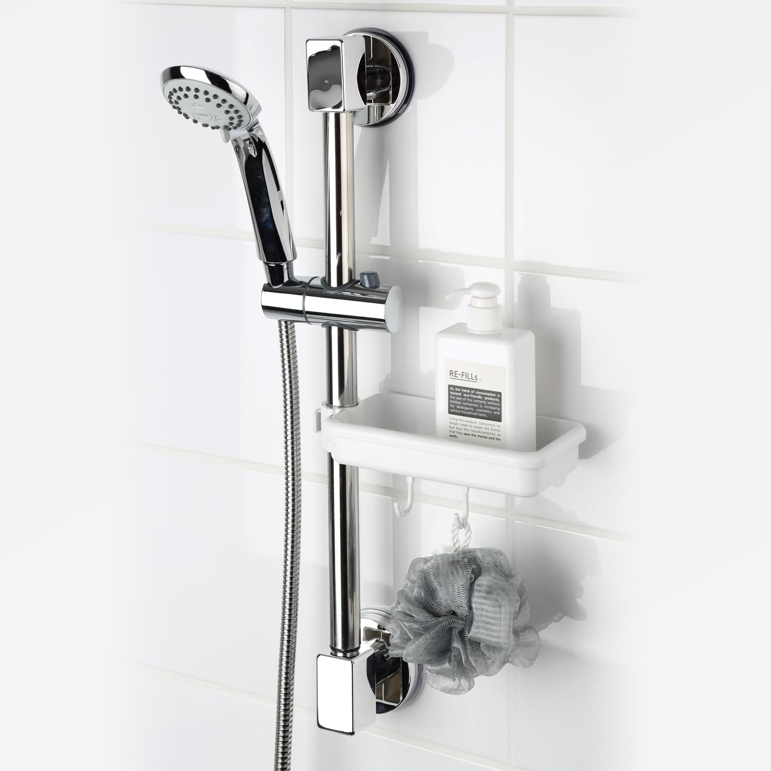 DeHUB Shower Caddy 7" with Hooks for Bathroom, Shower, Sink, Countertop, Shampoo, Soap, Sponge, Easy Installation, Dual Locking Clamp, No Drilling, No Glue, Height Adjustable, White