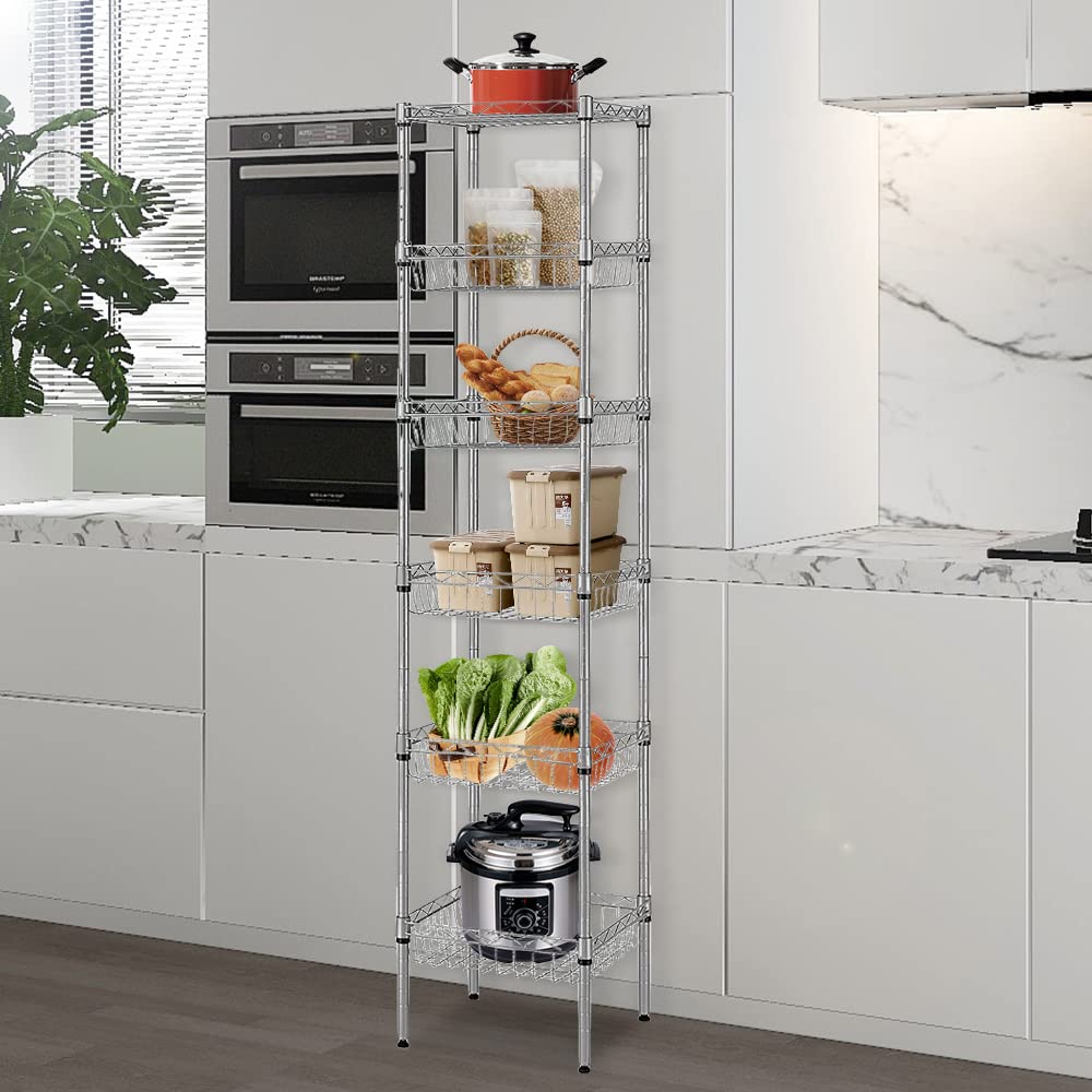 Doredo 6 Tier Wire Shelving Unit with Baskets Shelving, Height Adjustable Wire Shelves, Metal Storage Rack for Kitchen, Bathroom, Laundry (13.5" D x 13.5" W x 63" H, Silver)