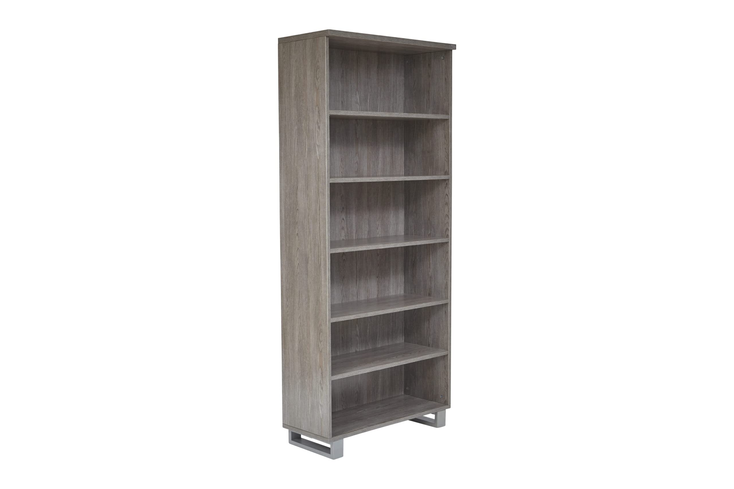 Unique Furniture Modern Zelma 5-Shelf Bookcase with Adjustable Shelves, Metal Frame Base, Freestanding for Office, Living Room, Bedroom, Library, Study Room, 13 x 32 x 72 in., Grey