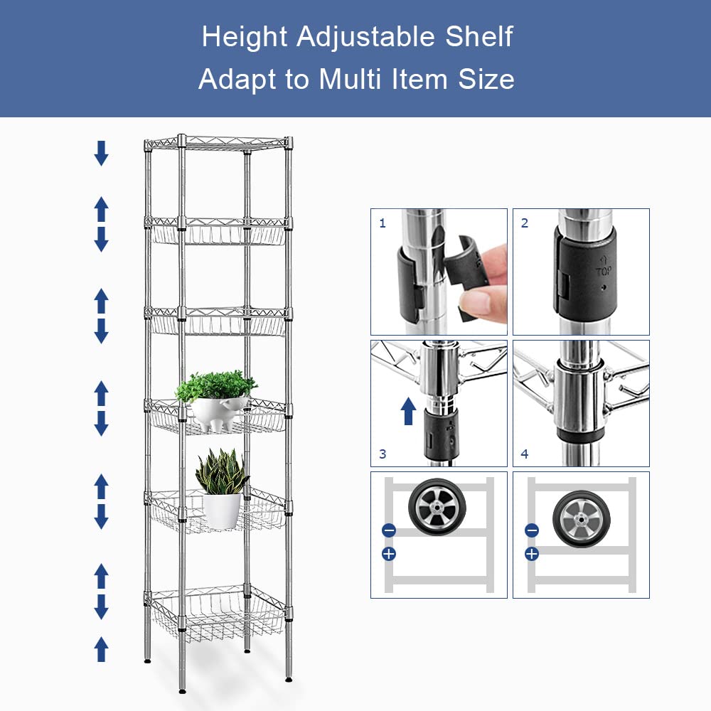 Doredo 6 Tier Wire Shelving Unit with Baskets Shelving, Height Adjustable Wire Shelves, Metal Storage Rack for Kitchen, Bathroom, Laundry (13.5" D x 13.5" W x 63" H, Silver)