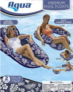 2 pack of aqua recliner luxury lounge with canopy and 3-in-1 lounge-extra large – heavy duty, inflatable pool floats for 15 + and adult & cupholder, x-large