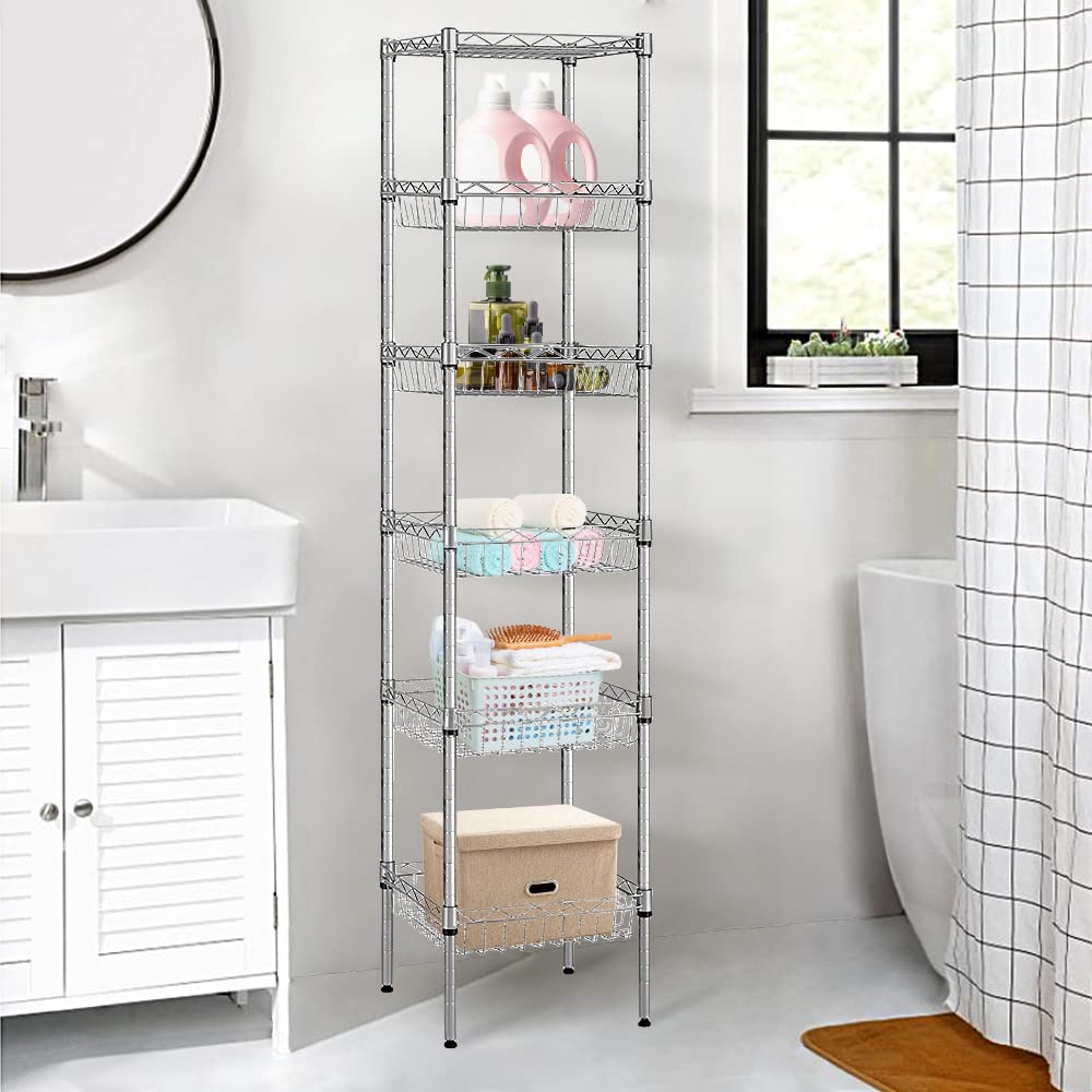 Doredo 6 Tier Wire Shelving Unit with Baskets Shelving, Height Adjustable Wire Shelves, Metal Storage Rack for Kitchen, Bathroom, Laundry (13.5" D x 13.5" W x 63" H, Silver)