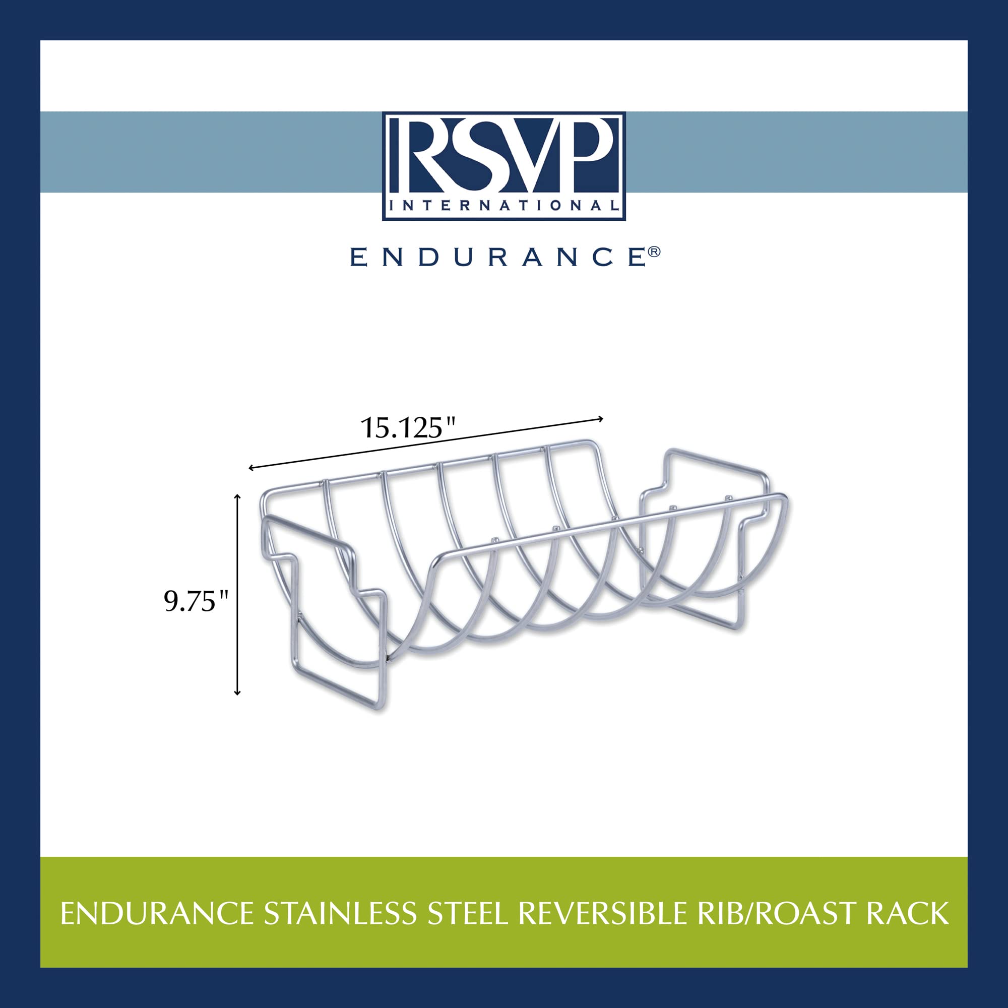 RSVP International Kitchen Roasting Pan Collection Durable Dishwasher Safe Stainless Steel, Reversible Rib/Roast Rack, 15.75x9.75x5.25"