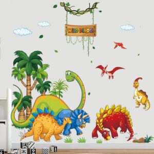 Supzone Dinosaur Wall Stickers Cartoon Dino Wall Decal Wild Tree Dino Wall Art Sticker for Boy's Room Kids Baby Nursery Bedroom Playroom Living Room Wall Decor