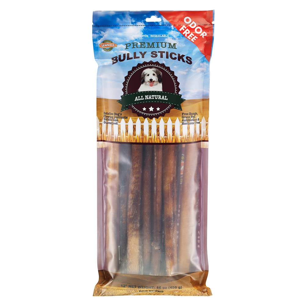 Lennox 12" Bully Sticks for Medium & Large Dogs | Long Lasting, Odorless, Premium All Natural Dog Treat | 100% Free Range, Grass Fed Beef | Rawhide Alternative | Promotes Dental Health - 16 Ounces