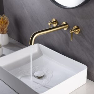 DEOKXZ Bathtub Faucet Wall Mounted Brass Gold, Double Handle Brushed Gold Bathroom Faucet, Extra Long Spout High Flow with Thick Valve