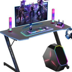 XXkseh 47 in Gaming Desk Z-Shaped Home Computer Desk with Hook Large Gaming Table for Work Study, PC Gaming Workstation with Carbon Fiber Surface, Sturdy Metal Frame, Stable and Durable, Red