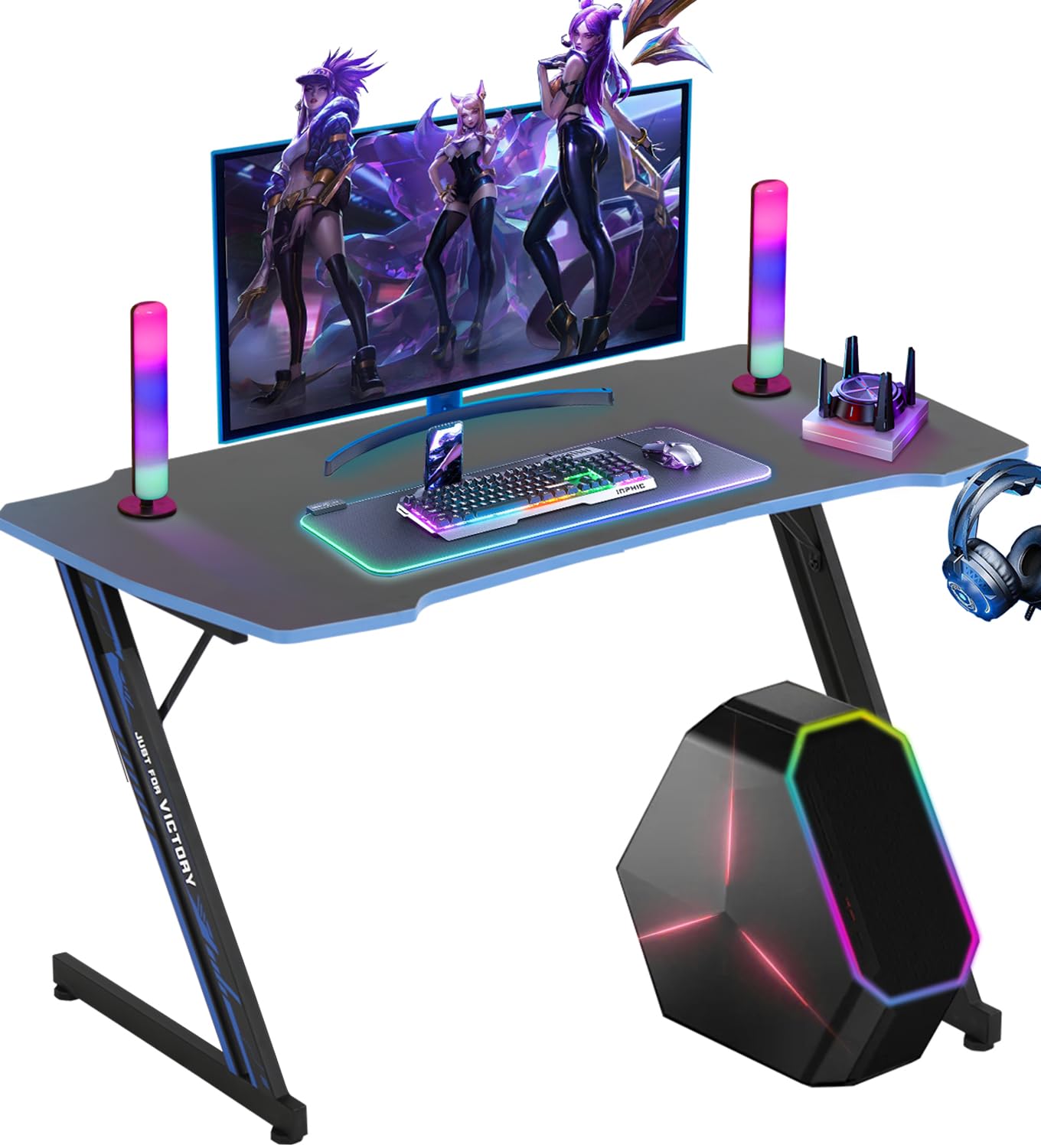 XXkseh 47 in Gaming Desk Z-Shaped Home Computer Desk with Hook Large Gaming Table for Work Study, PC Gaming Workstation with Carbon Fiber Surface, Sturdy Metal Frame, Stable and Durable, Red