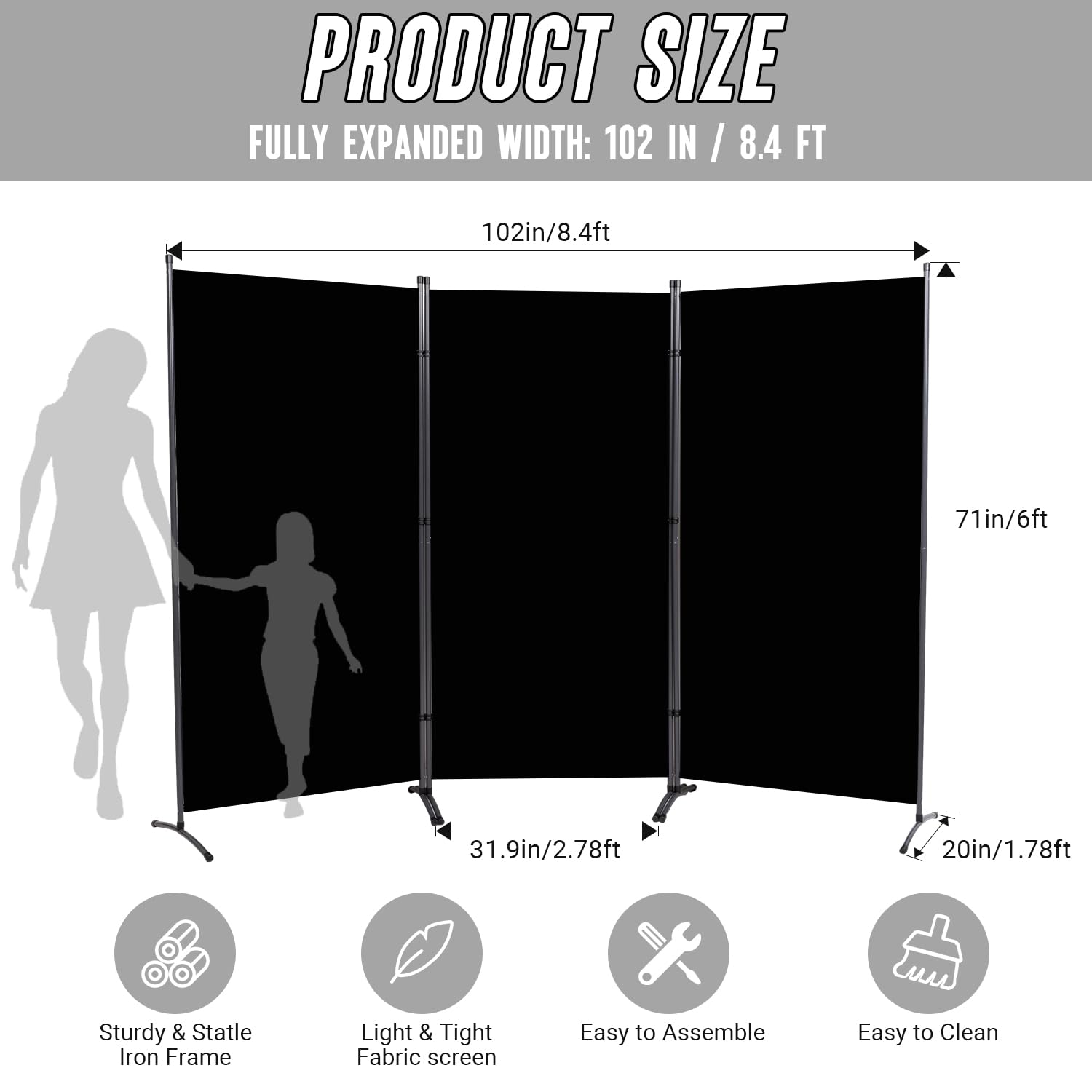 JVVMNJLK Indoor Room Divider, Portable Office Divider, Room Divider Wall Screen 3 Panel, Folding Partition Privacy Screen Walls Dividers for Room Separator 102" W x 71.3" H,Black