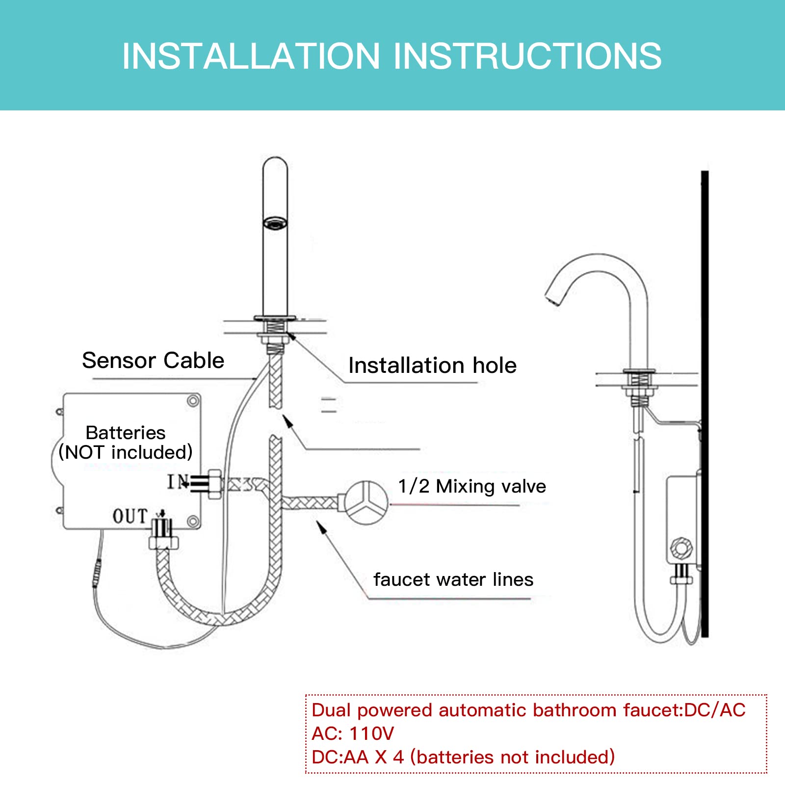 Automatic Bathroom Faucet Touchless Sensor Black Kitchen Faucet Medium Touch-Free Electric Motion Infrared Touchfree Faucet Bar Public Sink Faucet Aerator Spout Commercial AC/DC Power