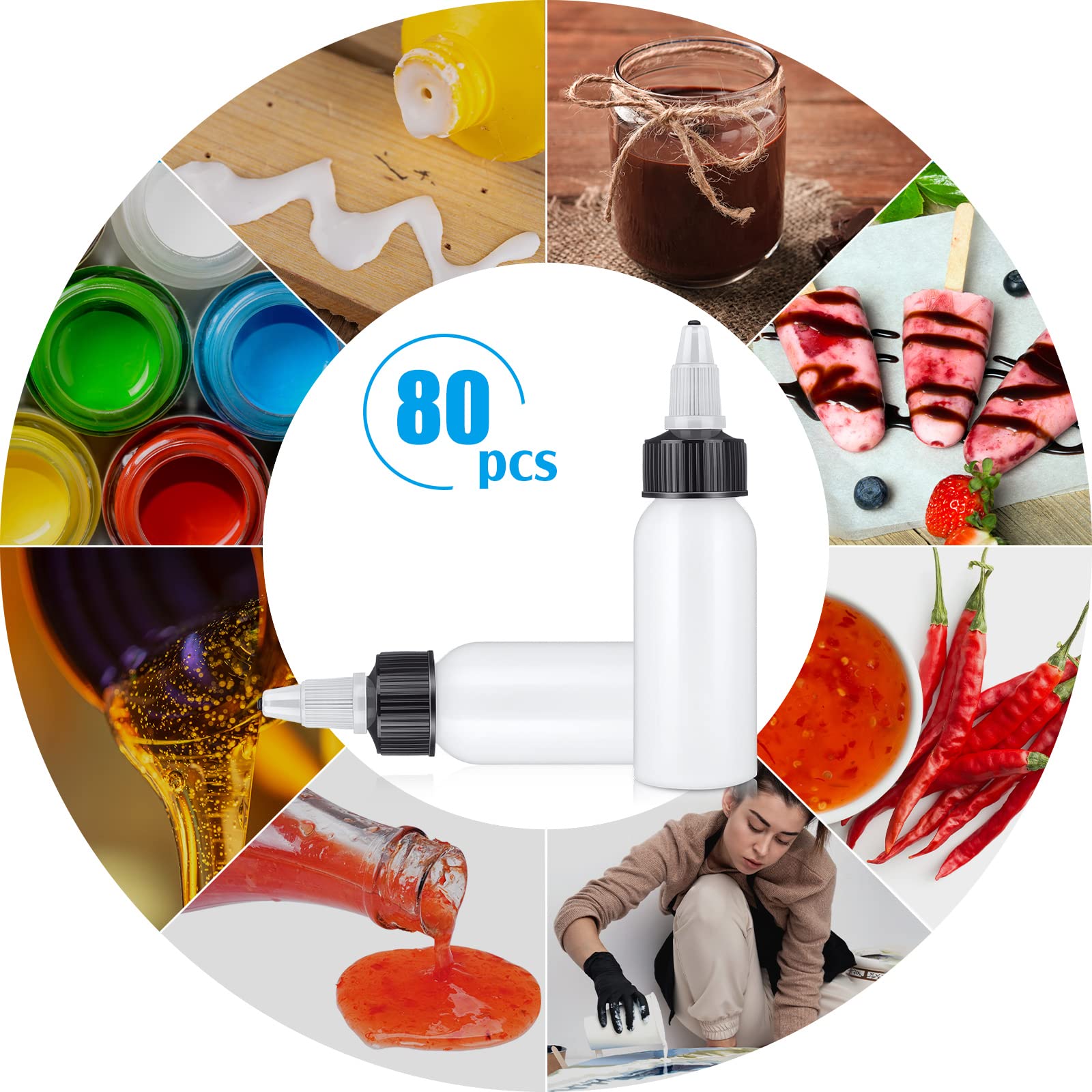 Epakh 80 Pieces Plastic Squeeze Bottle with Twist Top Cap Dispensing Bottles Small Round LDPE Bottle 1 Oz/ 30 ml Squeeze Condiment Bottles for Crafts, Household, Kitchen, Lab Dispensing