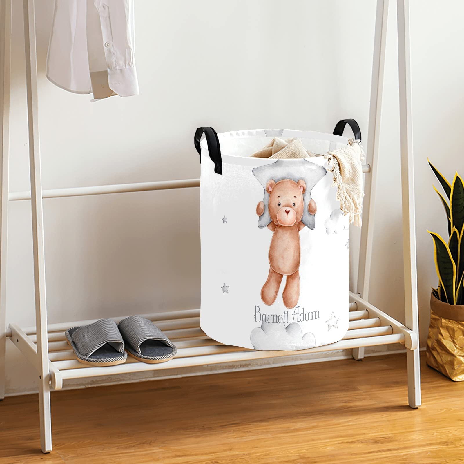 Personalized Laundry Baskets Bin, Teddy Bear Cloud Stars Laundry Hamper with Handles, Collapsible Waterproof Clothes Hamper, Laundry Bin, Clothes Toys Storage Basket for Bedroom, Bathroom, College Dorm 50L