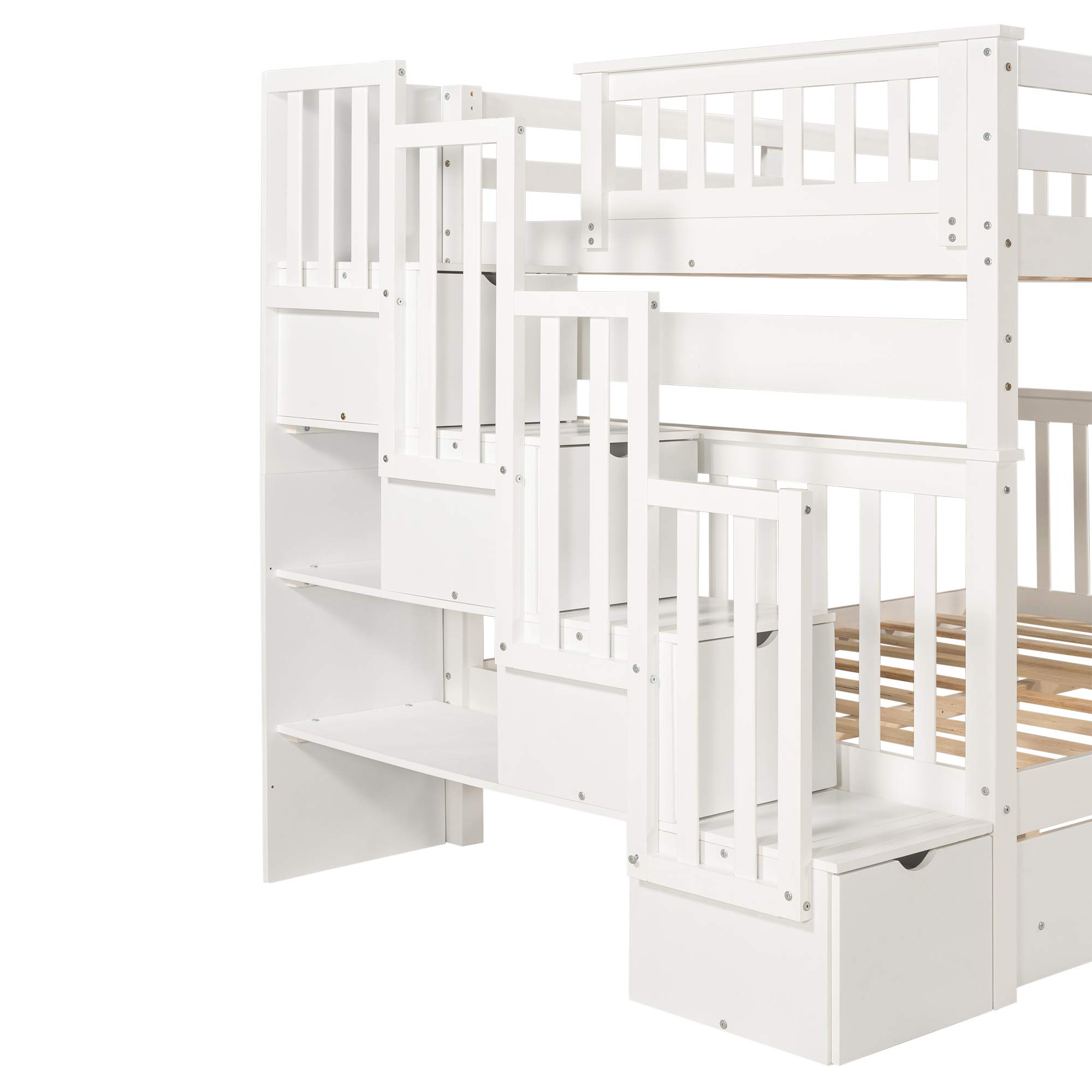 Full Over Full Bunk Bed with Shelves and 6 Storage Drawers, Solid Wooden Bunk Bed Frame with Storag Staircase, Safety Guardrail for Kids Teens Adults, No Box Spring Needed (White)