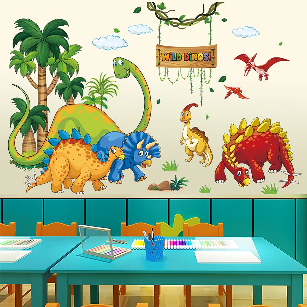 Supzone Dinosaur Wall Stickers Cartoon Dino Wall Decal Wild Tree Dino Wall Art Sticker for Boy's Room Kids Baby Nursery Bedroom Playroom Living Room Wall Decor