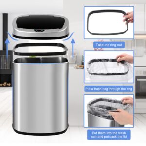 PikaTop Stainless Steel 13 Gallon Trash Can, Simple Trash Bin with Automatic Touchless Infrared Motion Sensor, Fingerprint-Resistant, Hygienic and Multi-Functional