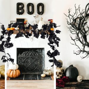 RECUTMS Black Leaf Garland 2PCS 5.7 FT Halloween Garland Fall Leaf Garland Artificial Hanging Black Maple Autumn Vine Leaf Fall Decor Black Maple Garland Black Leaf Halloween Home Decor